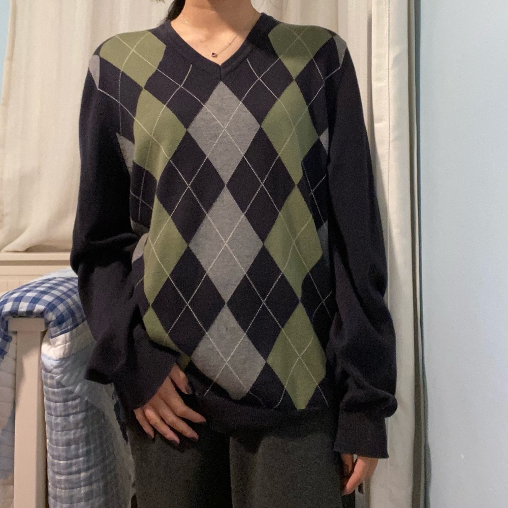 Stafford Gray and Green Argyle Sweater Long Sleeve